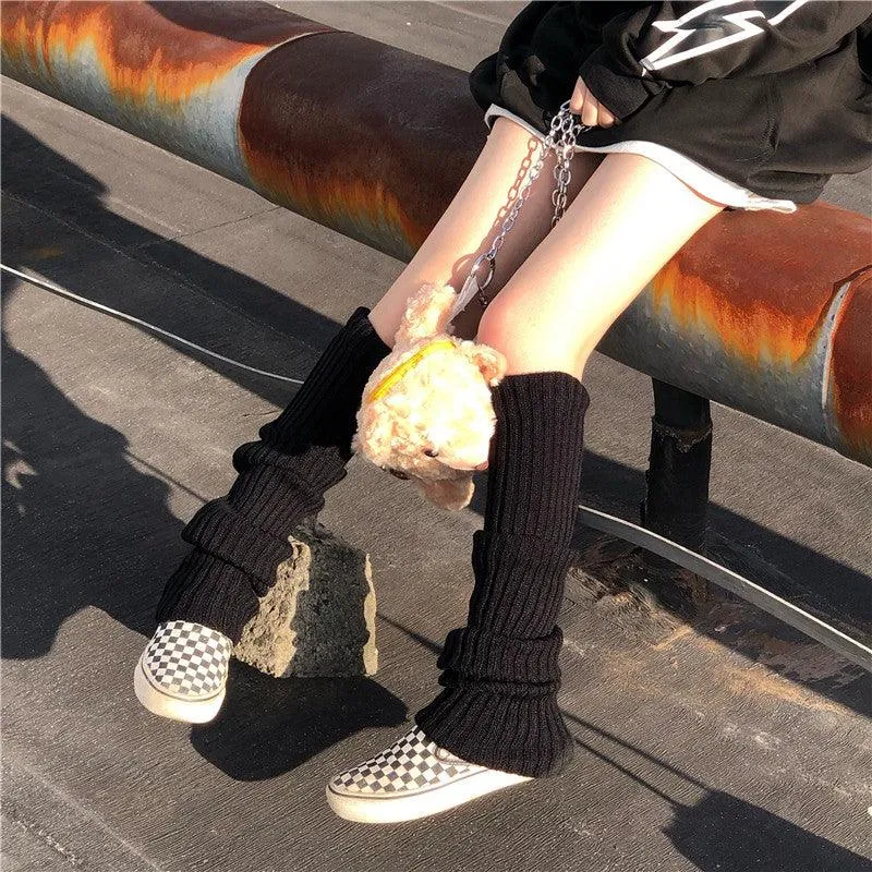 Punk Solid Black Cool Knit Long Socks Knee High Elastic Leg Warmers