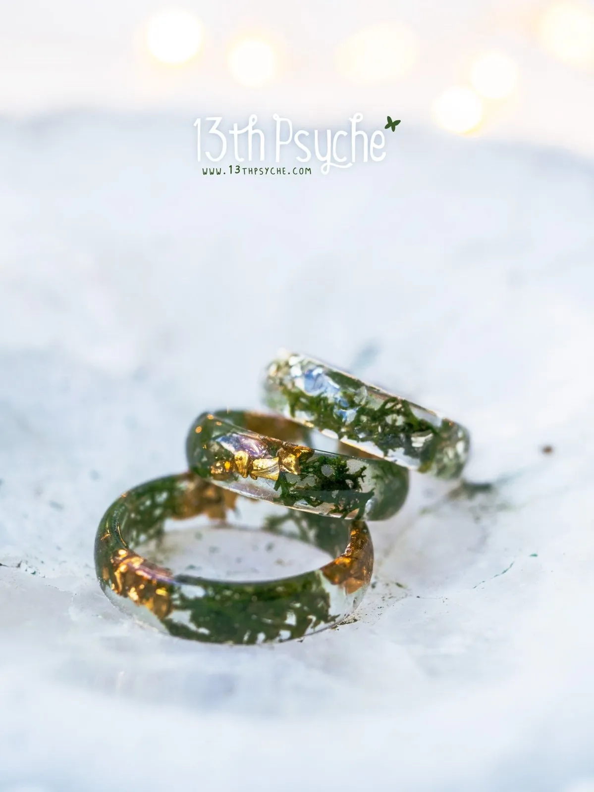 Real moss and metallic stones resin ring