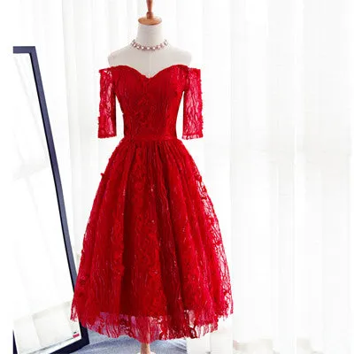 Red Three-quarter Sleeve Sweetheart Off Shoulder Tea-Length Lace Up Back Homecoming Dresses, CM0006