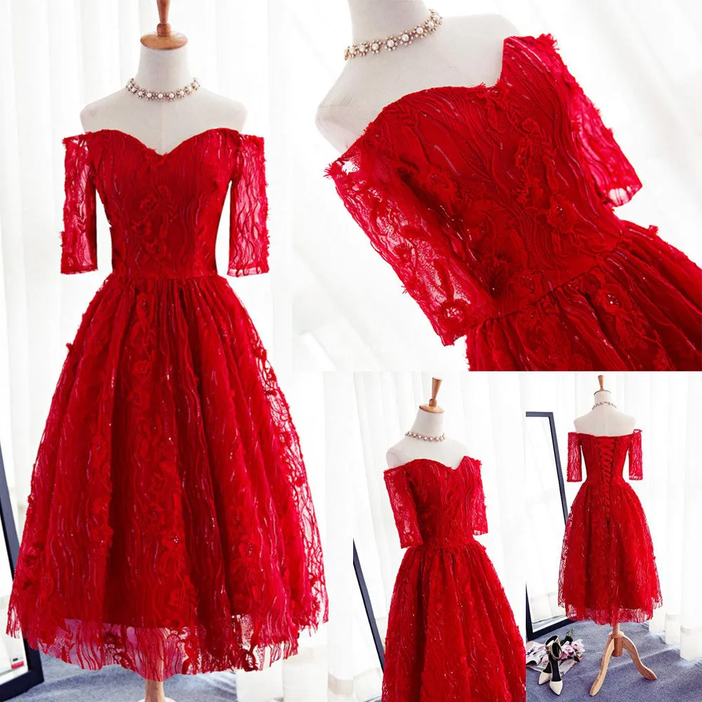 Red Three-quarter Sleeve Sweetheart Off Shoulder Tea-Length Lace Up Back Homecoming Dresses, CM0006