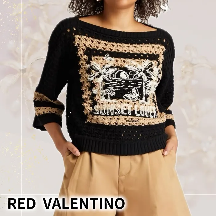 RED VALENTINO  |Crew Neck Nylon Rib Long Sleeves Cotton V-neck & Crew neck