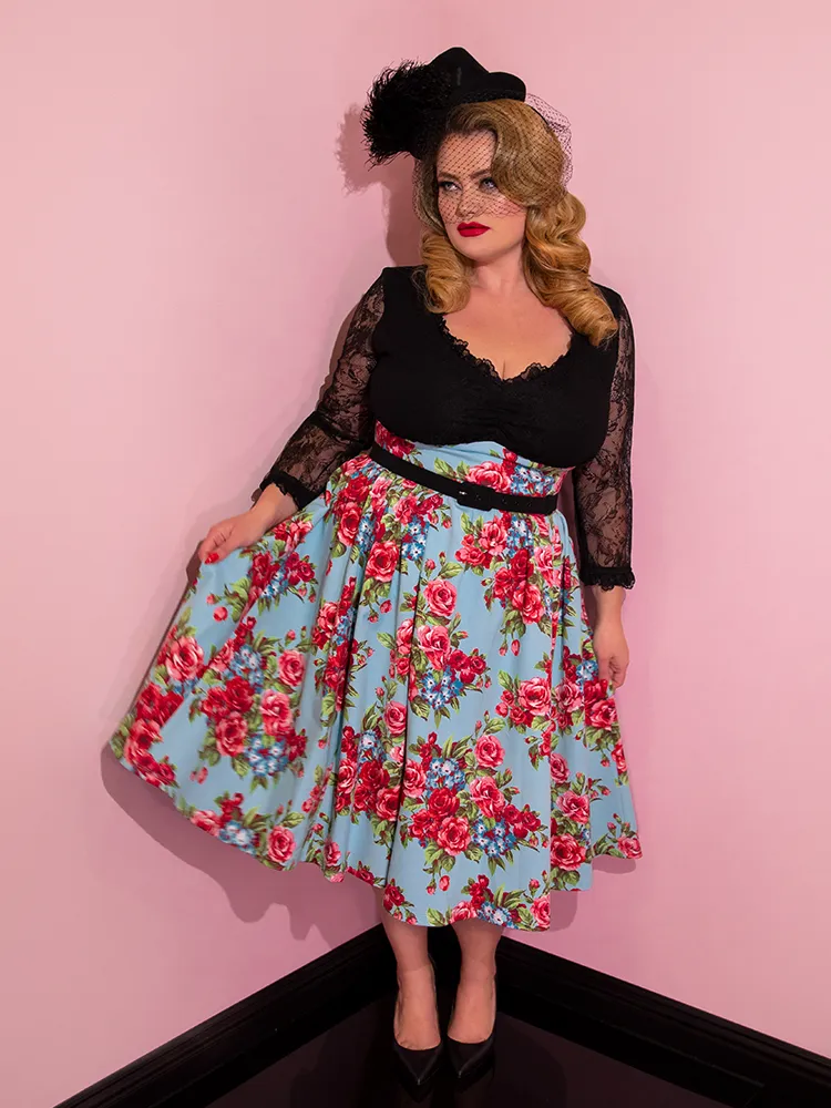 Romantique Swing Dress in Vintage Blue and Red Rose Print