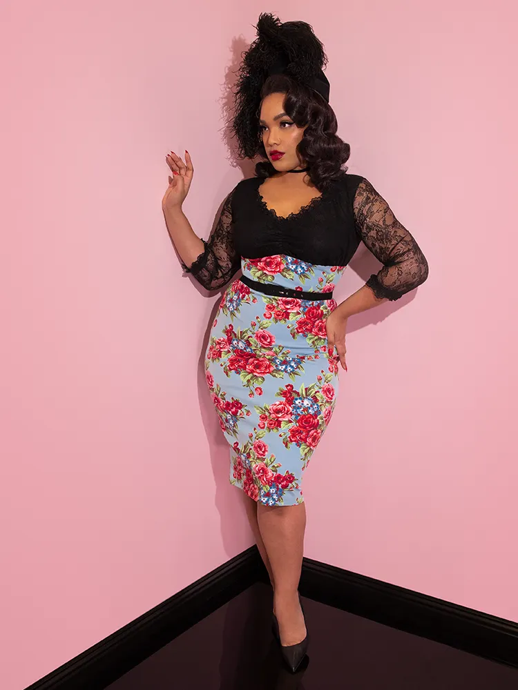 Romantique Wiggle Dress in Vintage Blue and Red Rose Print (S, 2XL and 3XL ONLY)