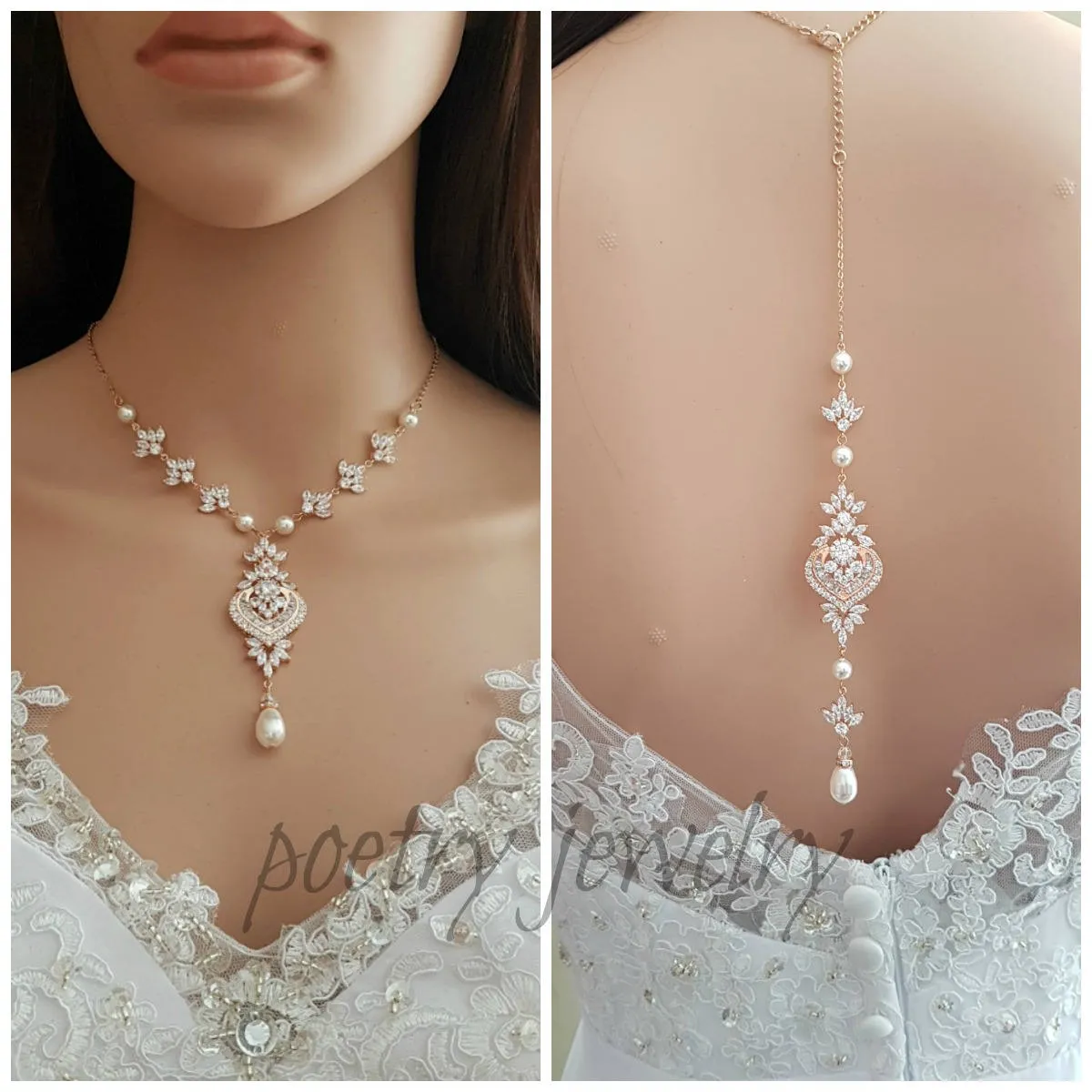 Rose Gold Backdrop Necklace, Rose Gold Bridal Necklace, Wedding Back Necklace, Bridal Jewelry for Backless Dress, Rosa