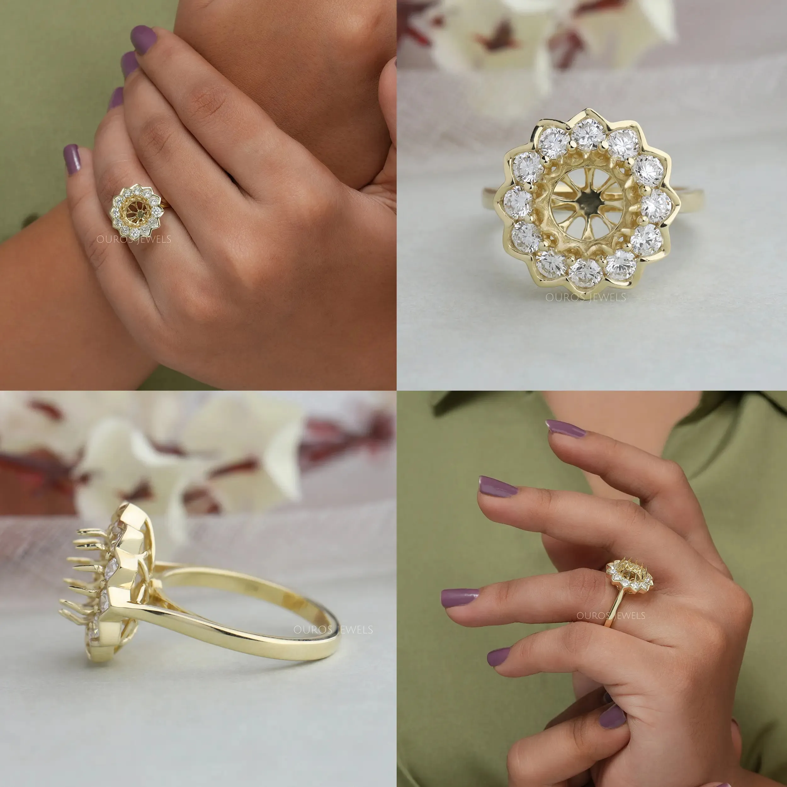 Round Cut Flower Style Semi Mount Ring