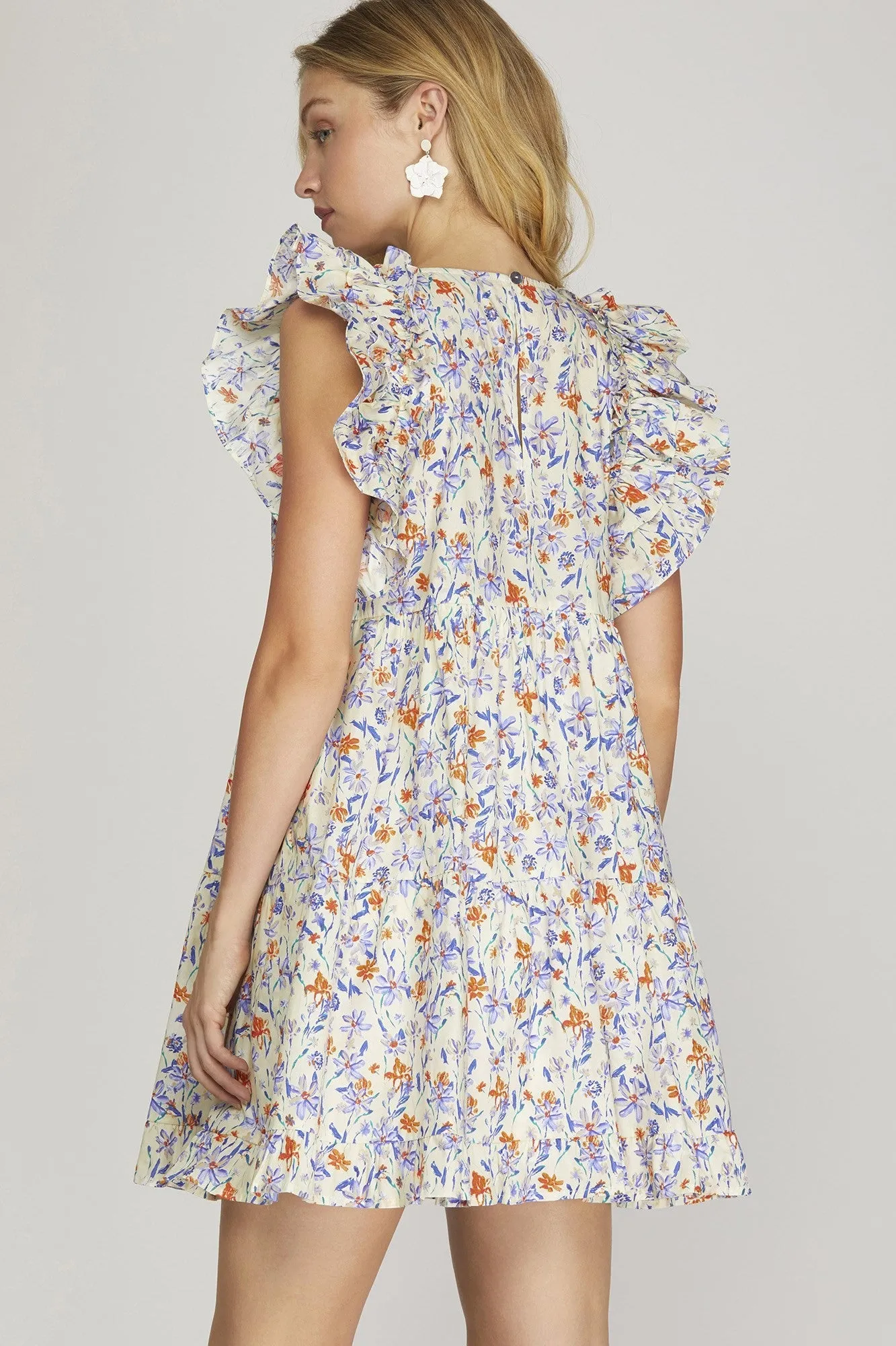 Ruffle Sleeve Floral Printed Dress