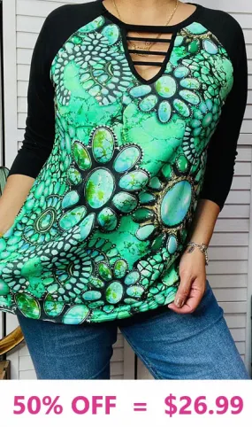 S, M, L, 3X Turquoise Concho Top with black sleeves and cage neck