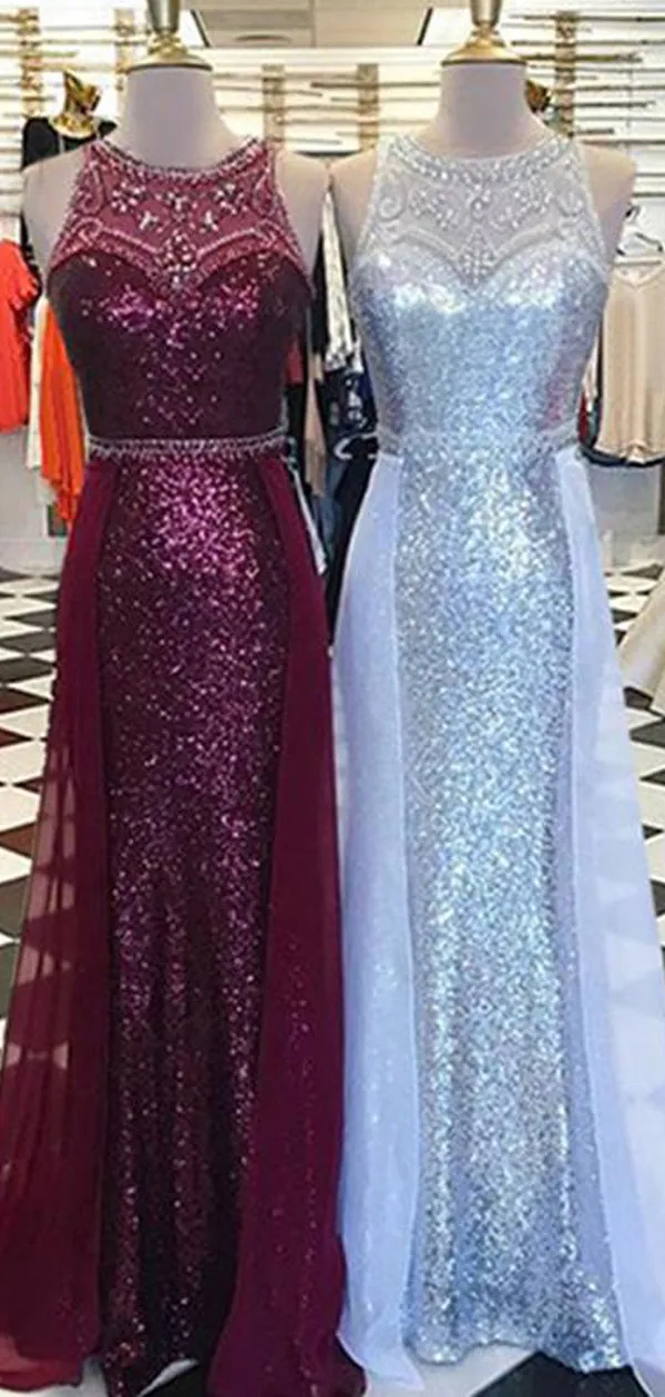 Sequin Rhinestone Round Neck Sleeveless Sheath Long Prom Dresses, DB1116