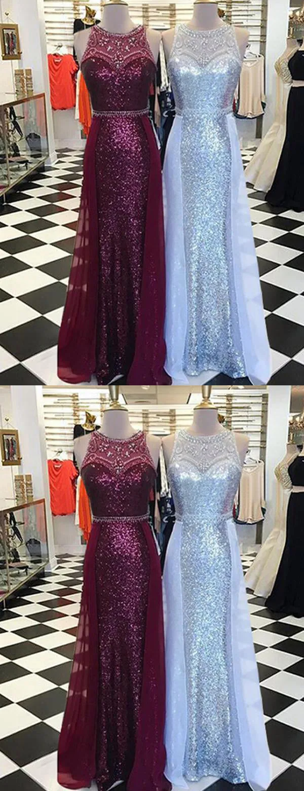 Sequin Rhinestone Round Neck Sleeveless Sheath Long Prom Dresses, DB1116