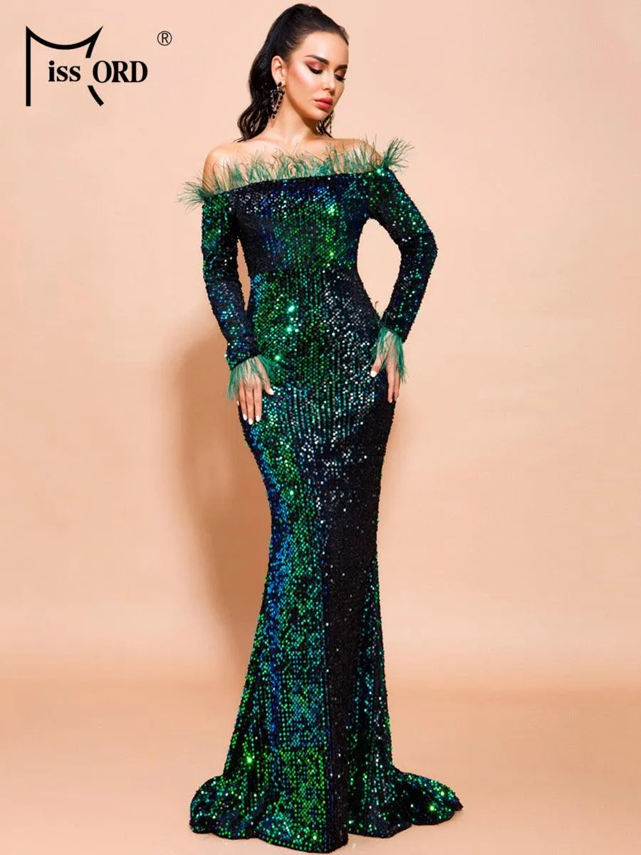 Sexy Off Shoulder Feather Long Sleeve Sequin Dress Floor Length