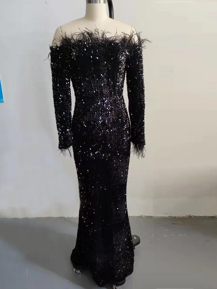 Sexy Off Shoulder Feather Long Sleeve Sequin Dress Floor Length