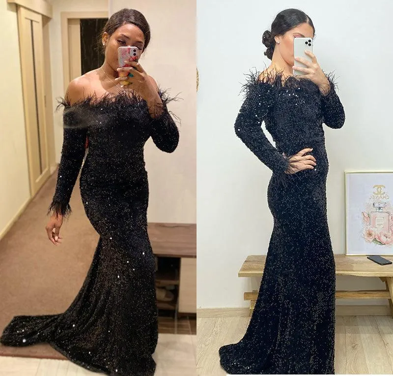 Sexy Off Shoulder Feather Long Sleeve Sequin Dress Floor Length