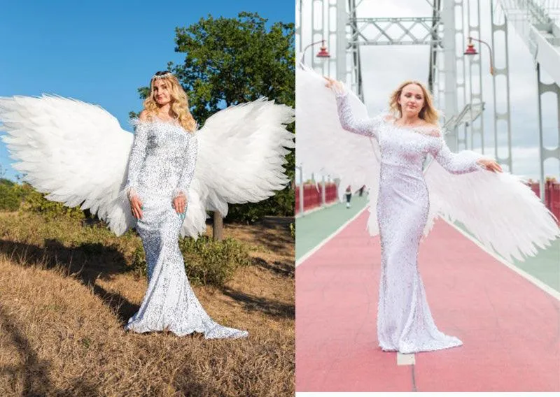 Sexy Off Shoulder Feather Long Sleeve Sequin Dress Floor Length