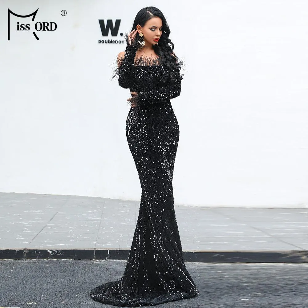 Sexy Off Shoulder Feather Long Sleeve Sequin Dress Floor Length