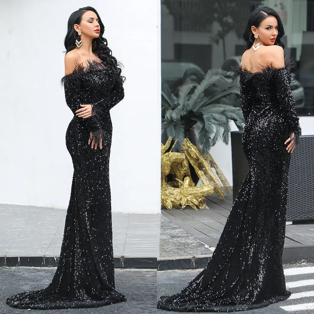 Sexy Off Shoulder Feather Long Sleeve Sequin Dress Floor Length