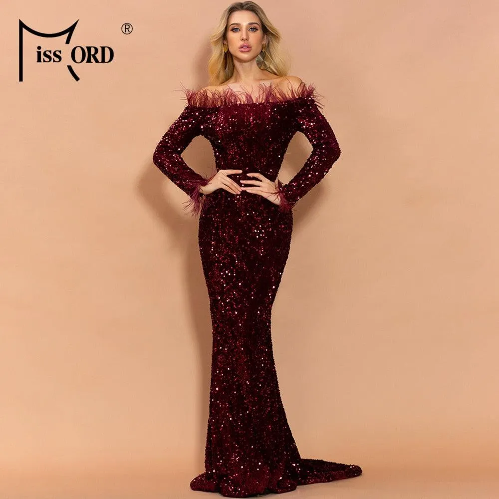 Sexy Off Shoulder Feather Long Sleeve Sequin Dress Floor Length