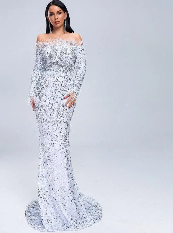 Sexy Off Shoulder Feather Long Sleeve Sequin Dress Floor Length