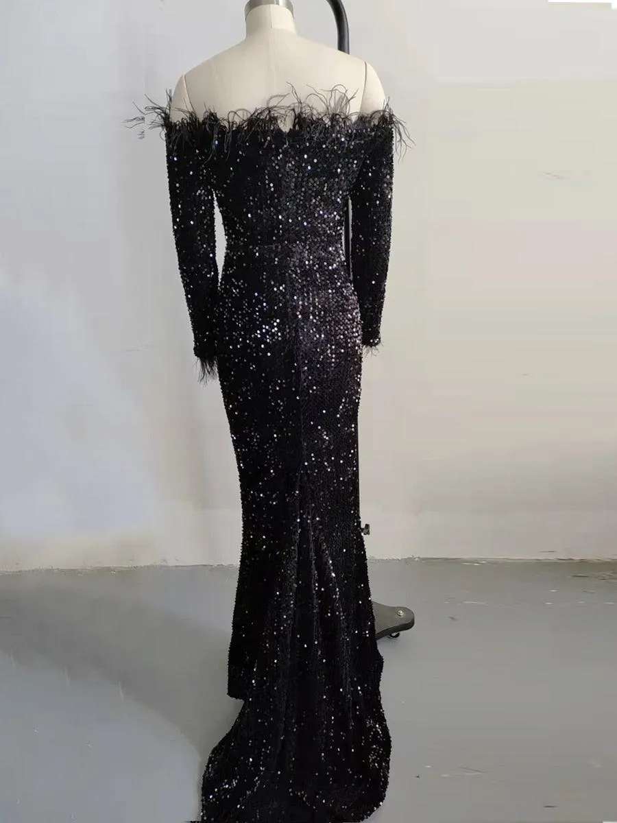 Sexy Off Shoulder Feather Long Sleeve Sequin Dress Floor Length