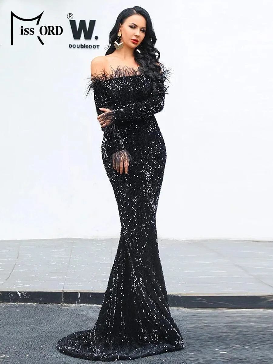 Sexy Off Shoulder Feather Long Sleeve Sequin Dress Floor Length