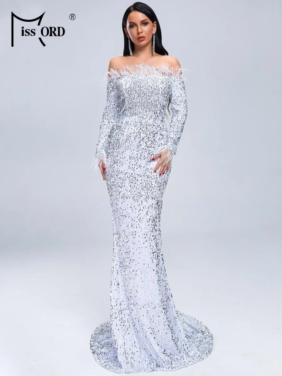 Sexy Off Shoulder Feather Long Sleeve Sequin Dress Floor Length