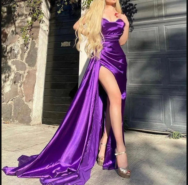 Sexy Purple Mermaid Satin Long Prom Dresses Side Slit Long Evening Dress Y1923