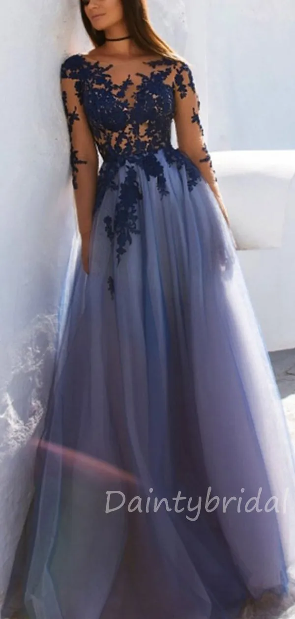 Sexy See Through Blue Lace Long Sleeve Open Back Custom Long Evening Prom Dresses.DB10391