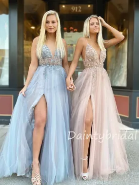 Sexy V-neck A-line Tulle Long Evening Prom Dresses Fashion Dresses.DB10396