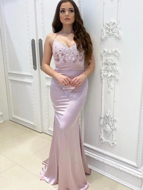 Sexy V-neck Lace Up Back Mermaid Lace Long Prom Dresses Evening Dresses.DB10590