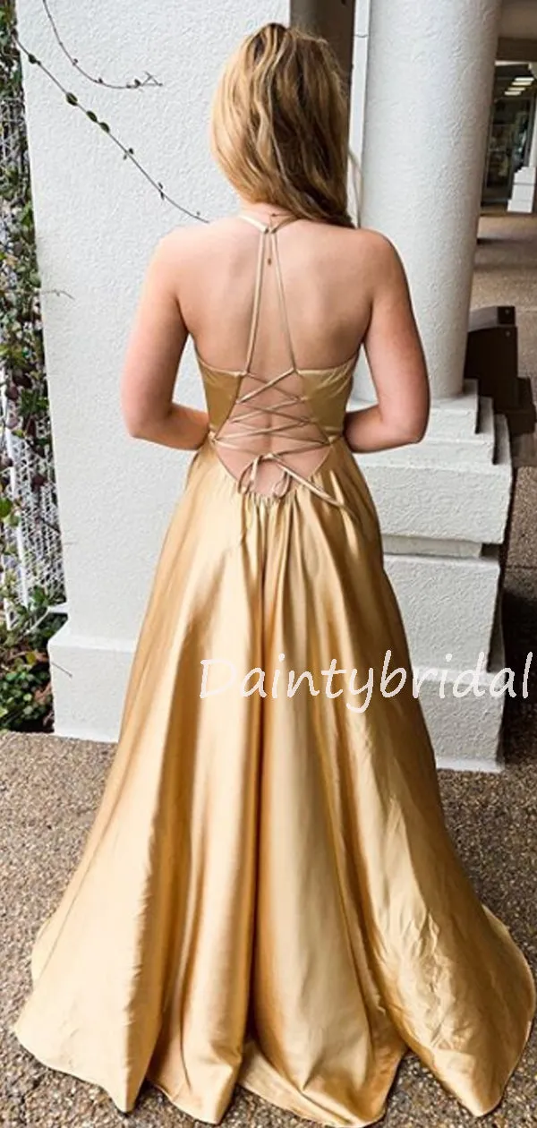 Sexy V-neck Lace Up Back Side Slit Long Prom Dresses Evening Dresses.DB10592