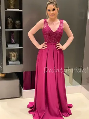 Sexy V-neck Satin A-line Long Prom Dresses Evening Dresses.DB10456