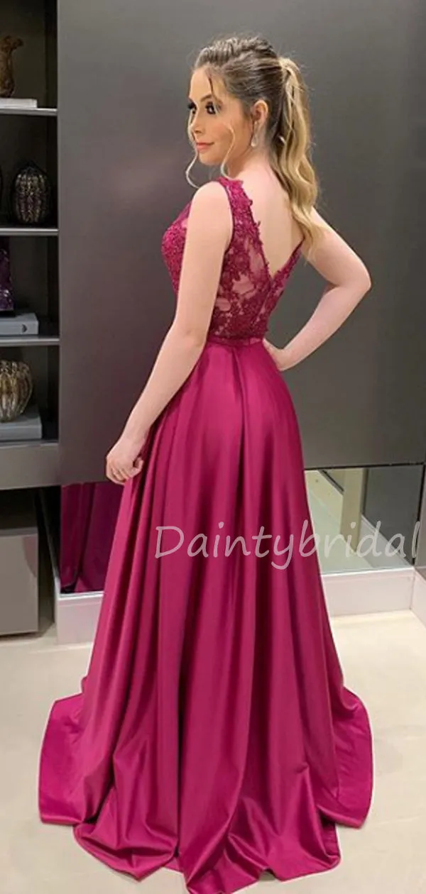 Sexy V-neck Satin A-line Long Prom Dresses Evening Dresses.DB10456