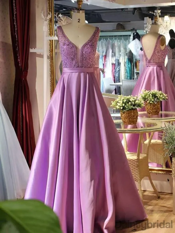 Sexy V-neck Satin Floor Length A-Line Long Prom Dresses.DB10134