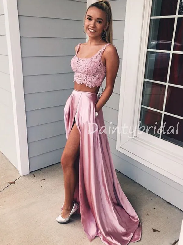 Sexy V-neck Side Slit A-line Two-piece Lace Satin Long Evening Dresses Prom Dresses.DB10513