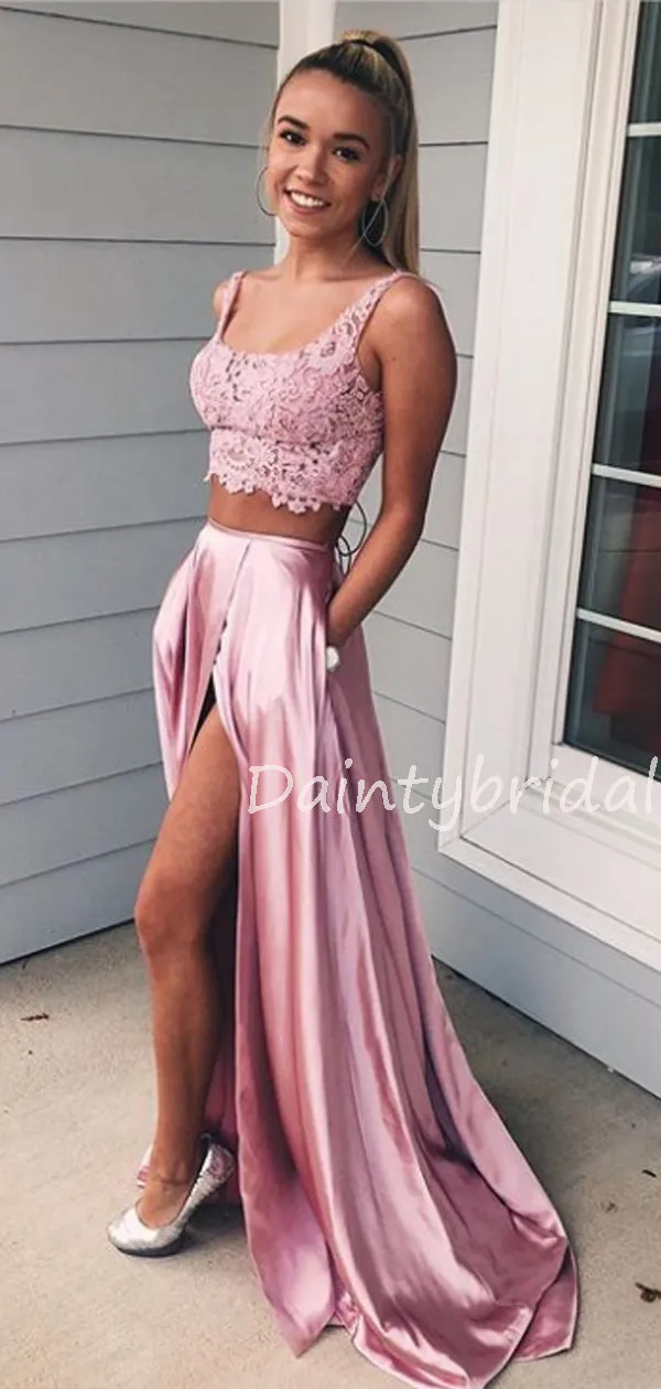 Sexy V-neck Side Slit A-line Two-piece Lace Satin Long Evening Dresses Prom Dresses.DB10513