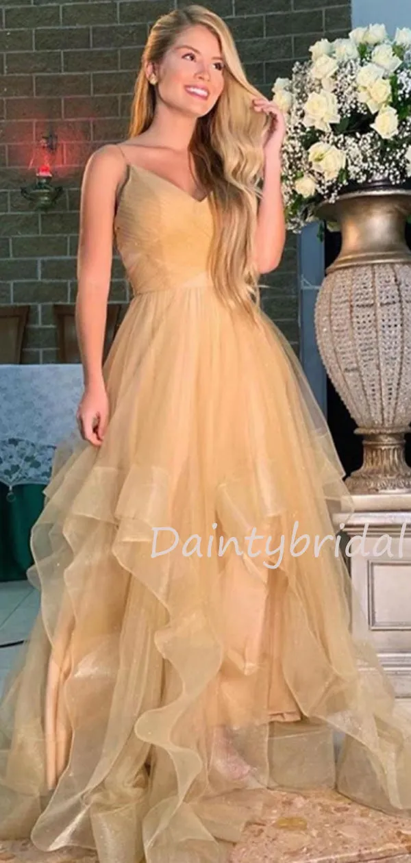 Sexy V-neck Tulle A-line Long Prom Dresses Evening Dresses.DB10453