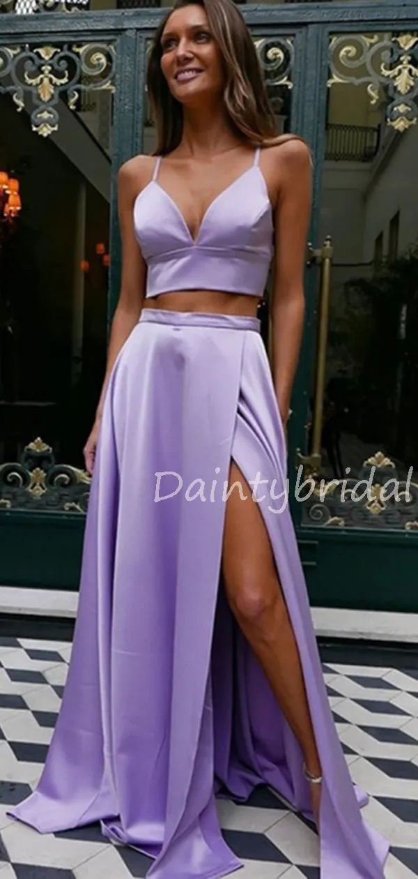 Sexy V-neck Two-piece Side Slit Satin Long Prom Dresses Evening Dresses.DB10593