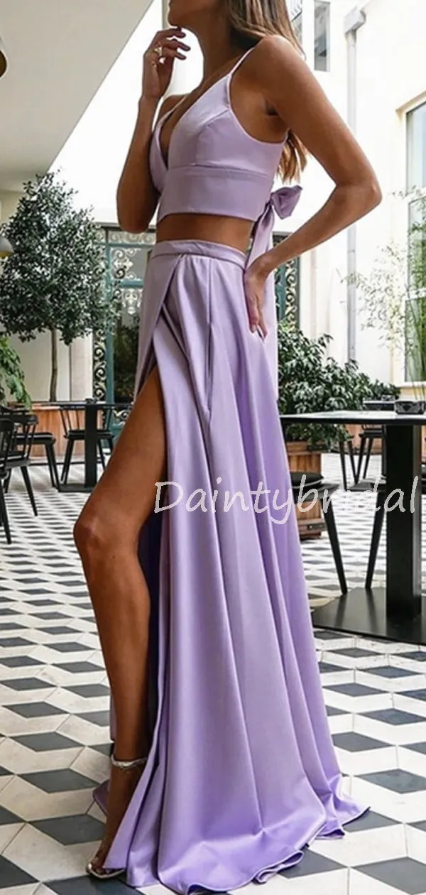 Sexy V-neck Two-piece Side Slit Satin Long Prom Dresses Evening Dresses.DB10593