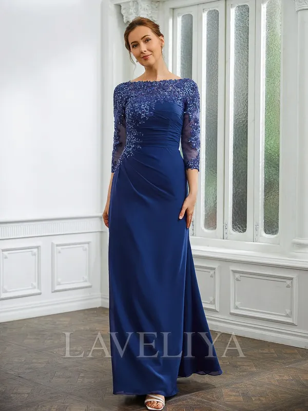 Sheath Bateau 3/4 Sleeves Sequin Floor-Length Chiffon Mother of the Bride Dress  #XM230263