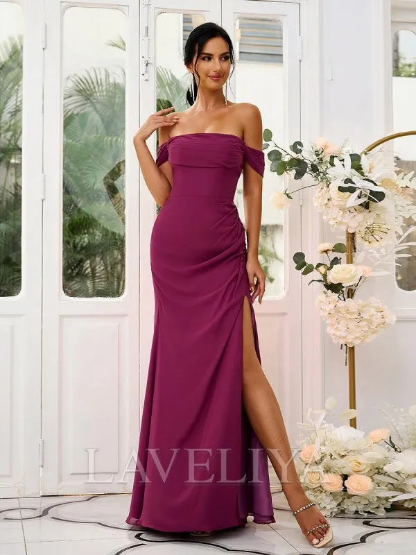 Sheath Off-the-Shoulder Pleated Floor-Length Chiffon Bridesmaid Dress  #ZB230456