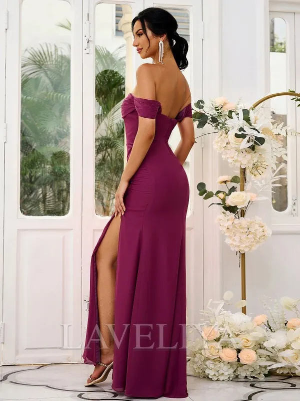 Sheath Off-the-Shoulder Pleated Floor-Length Chiffon Bridesmaid Dress  #ZB230456