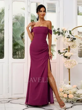 Sheath Off-the-Shoulder Pleated Floor-Length Chiffon Bridesmaid Dress  #ZB230456