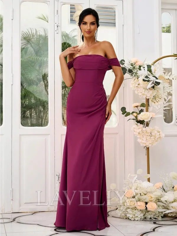 Sheath Off-the-Shoulder Pleated Floor-Length Chiffon Bridesmaid Dress  #ZB230456