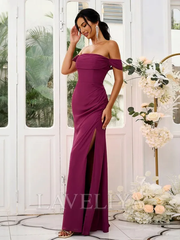 Sheath Off-the-Shoulder Pleated Floor-Length Chiffon Bridesmaid Dress  #ZB230456