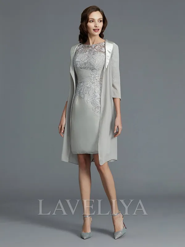 Sheath Scoop 1/2 Sleeves Pleated Short/Mini Chiffon Mother of the Bride Dress  #XM230200