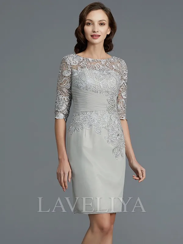 Sheath Scoop 1/2 Sleeves Pleated Short/Mini Chiffon Mother of the Bride Dress  #XM230200