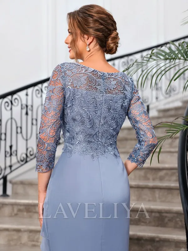 Sheath Scoop 3/4 Sleeves Appliques Lace Knee-Length Chiffon Mother of the Bride Dress  #XM240043