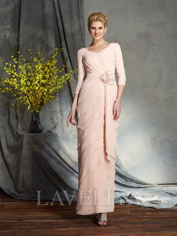 Sheath V-neck 3/4 Sleeves Cascading Ruffles Floor-Length Chiffon Mother of the Bride Dress  #XM230136