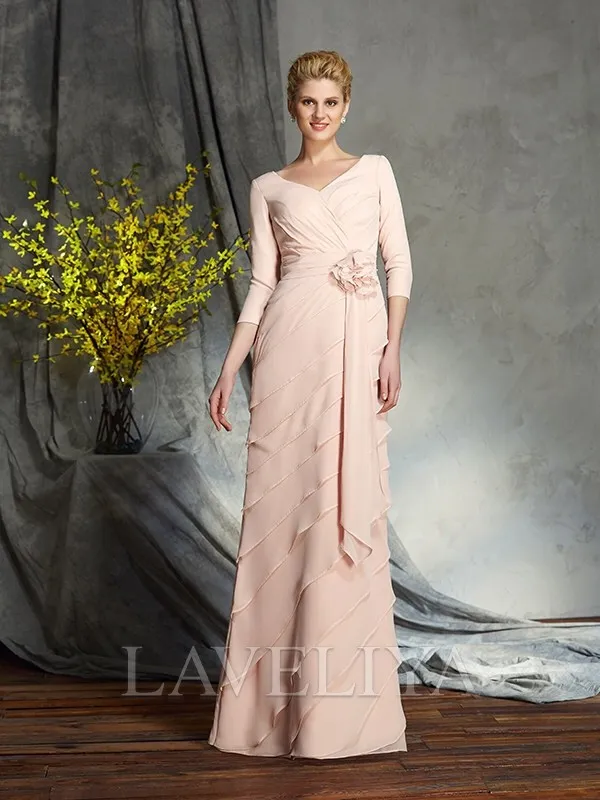 Sheath V-neck 3/4 Sleeves Cascading Ruffles Floor-Length Chiffon Mother of the Bride Dress  #XM230136