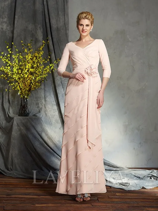 Sheath V-neck 3/4 Sleeves Cascading Ruffles Floor-Length Chiffon Mother of the Bride Dress  #XM230136