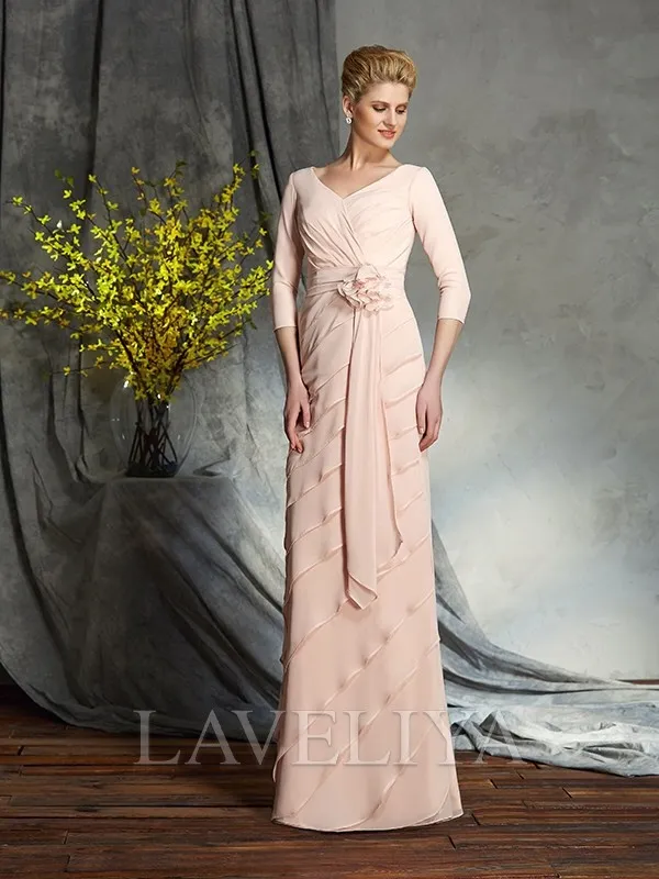 Sheath V-neck 3/4 Sleeves Cascading Ruffles Floor-Length Chiffon Mother of the Bride Dress  #XM230136